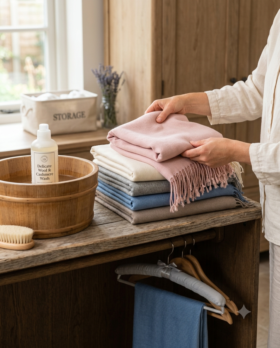 A neatly folded authentic Kashmiri Pashmina shawl stored in a breathable cotton muslin bag with cedar wood moth repellents