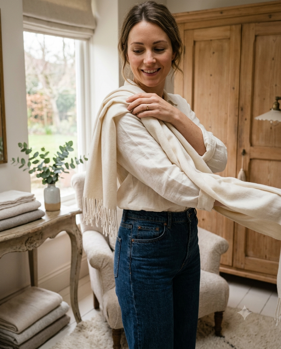 Woman styling an authentic Kashmiri Pashmina shawl in an everyday casual look