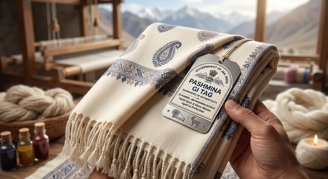 Authentic Kashmiri Pashmina shawl with GI tag certification label