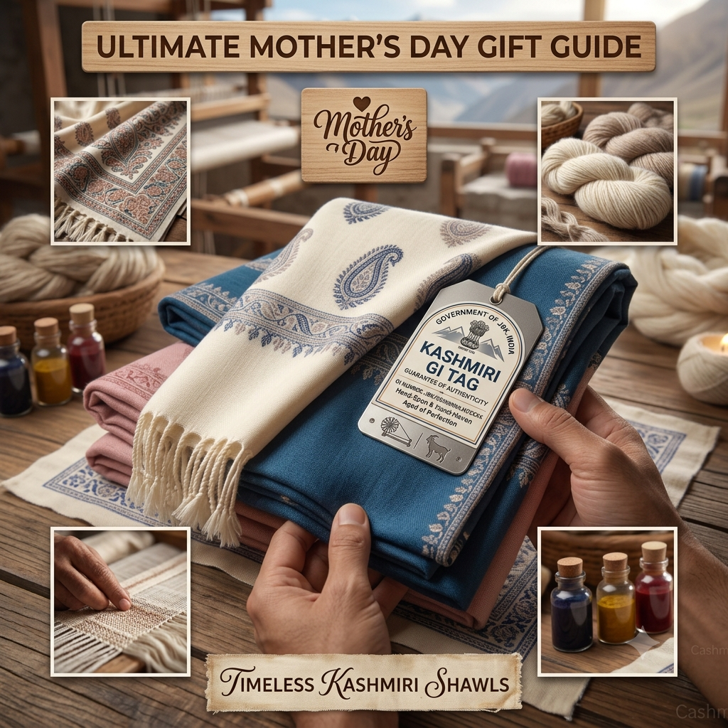 Authentic Kashmiri Pashmina shawl presented as a luxurious Mother's Day gift from The Kashmir Weaver
