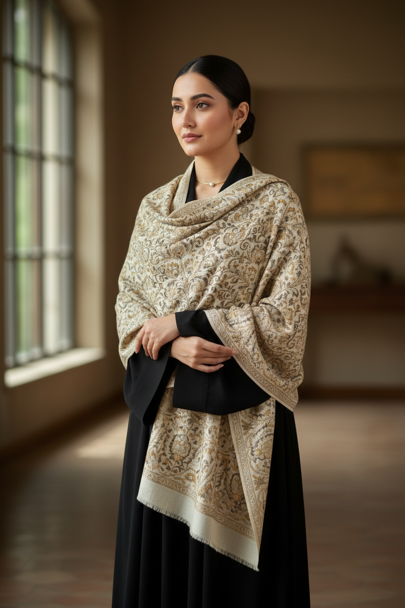 A women wearing abaya with pashmina