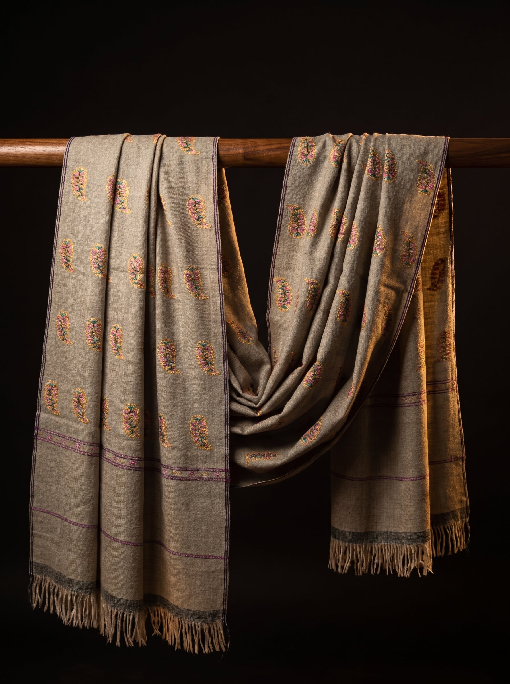 Oatmeal Multi-Color Floral Buti Kani Cashmere Pashmina Shawl — Handwoven in Kashmir — image 1