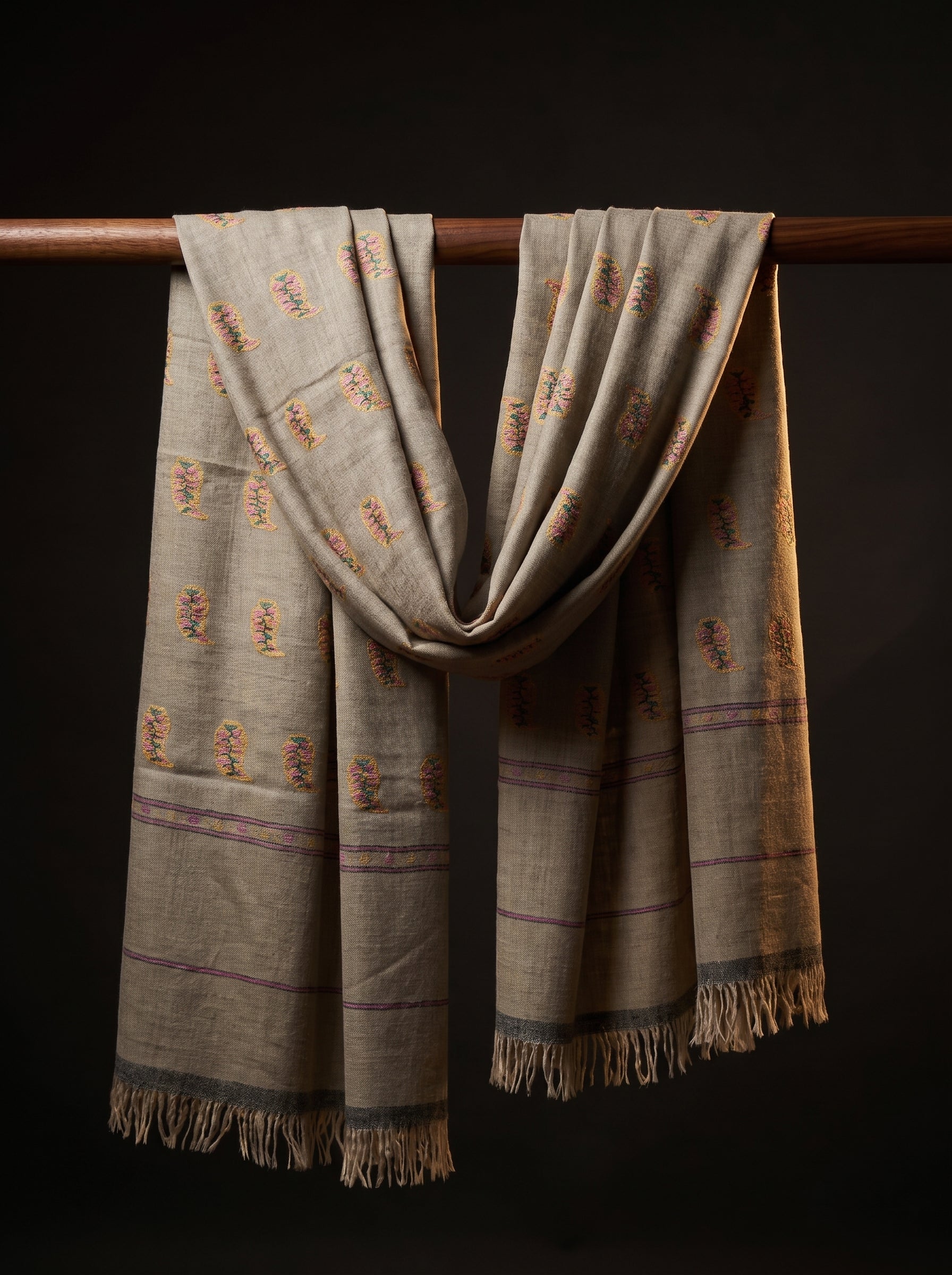 Oatmeal Multi-Color Floral Buti Kani Cashmere Pashmina Shawl — Handwoven in Kashmir — image 2
