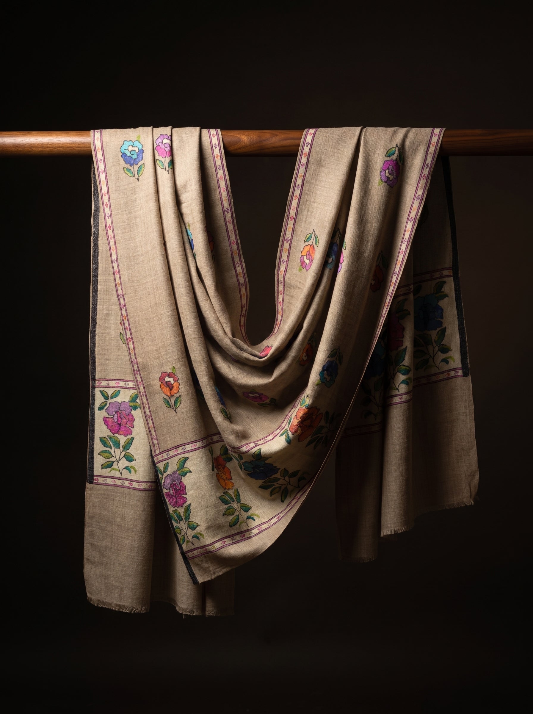 Natural Beige Garden Floral Butti Kani Cashmere Pashmina Shawl — Handwoven in Kashmir — image 2
