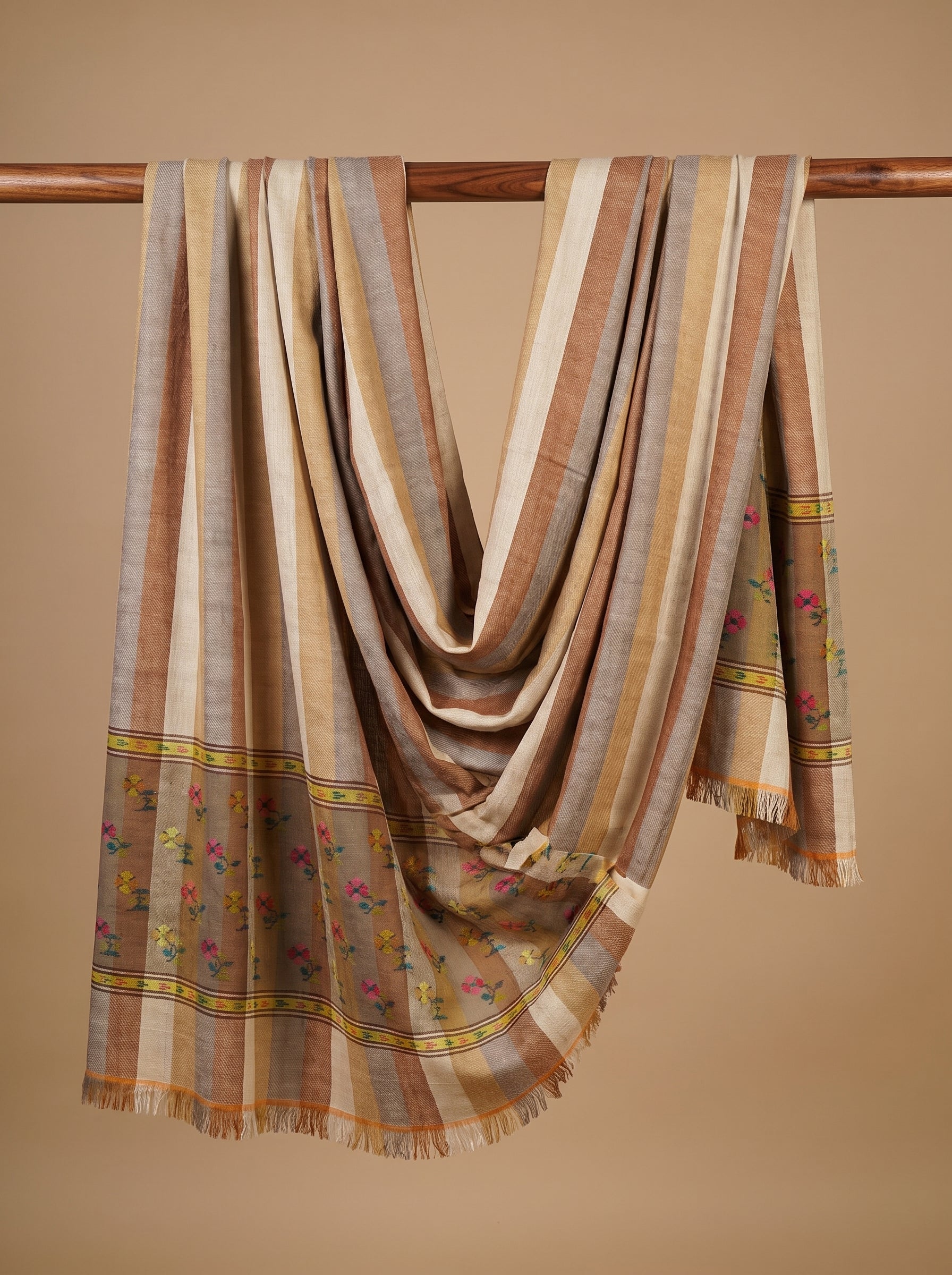 Earth Stripe Magenta Floral Buti Kani Cashmere Pashmina Shawl — Handwoven in Kashmir — image 3