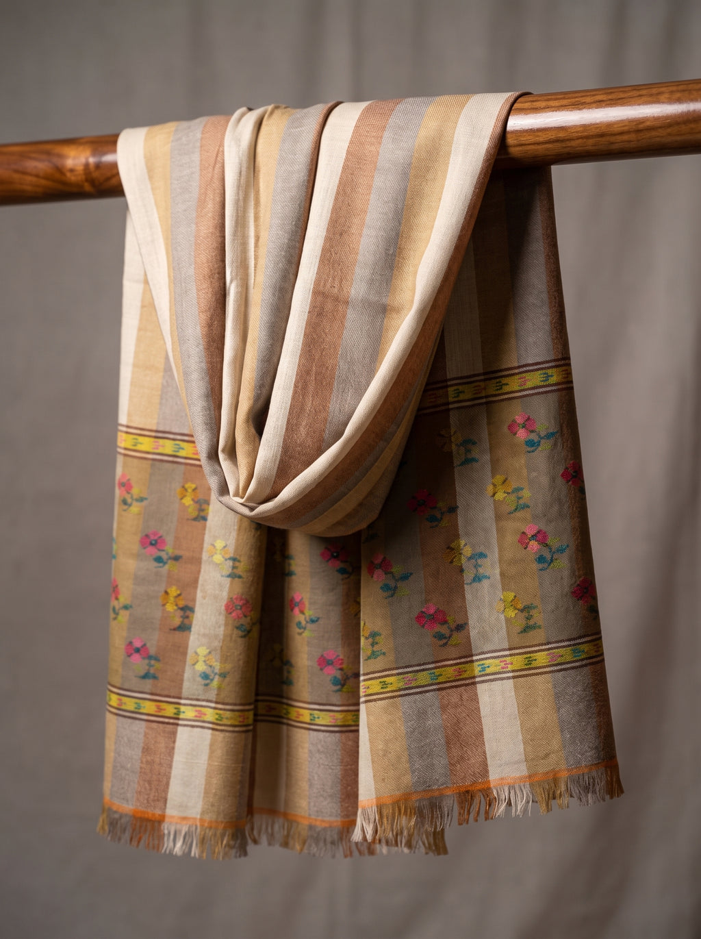 Earth Stripe Magenta Floral Buti Kani Cashmere Pashmina Shawl — Handwoven in Kashmir — image 1