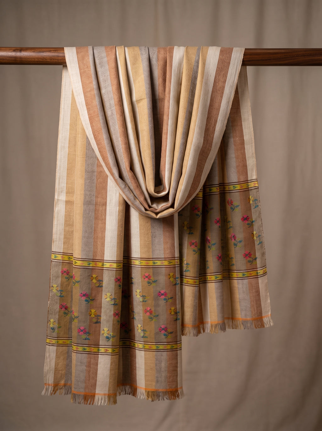 Earth Stripe Magenta Floral Buti Kani Cashmere Pashmina Shawl — Handwoven in Kashmir — image 2