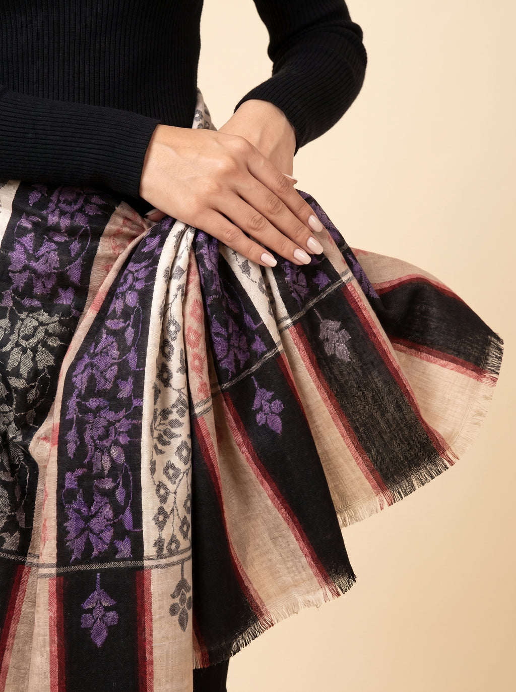 Ivory Black Purple Floral Kani Cashmere Pashmina Shawl — Handwoven in Kashmir