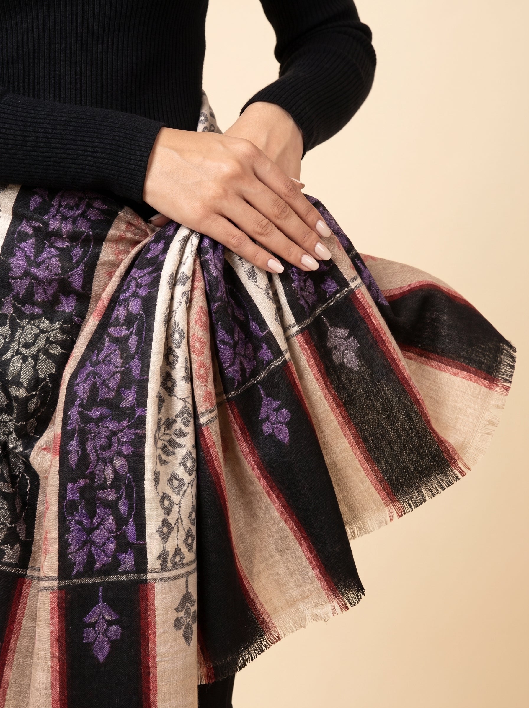 Ivory Black Purple Floral Kani Cashmere Pashmina Shawl — Handwoven in Kashmir