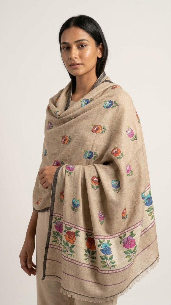 Natural Beige Garden Floral Butti Kani — G-2