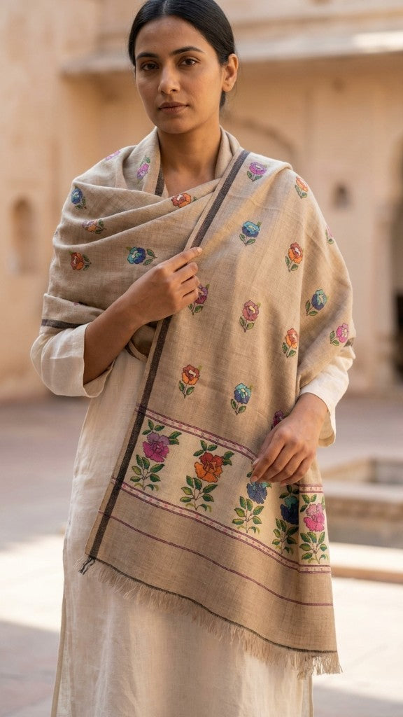 Natural Beige Garden Floral Butti Kani — G-3