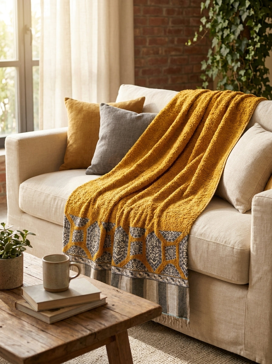 Mustard Medallion Border Kani Cashmere Pashmina Shawl — Handwoven in Kashmir — image 2