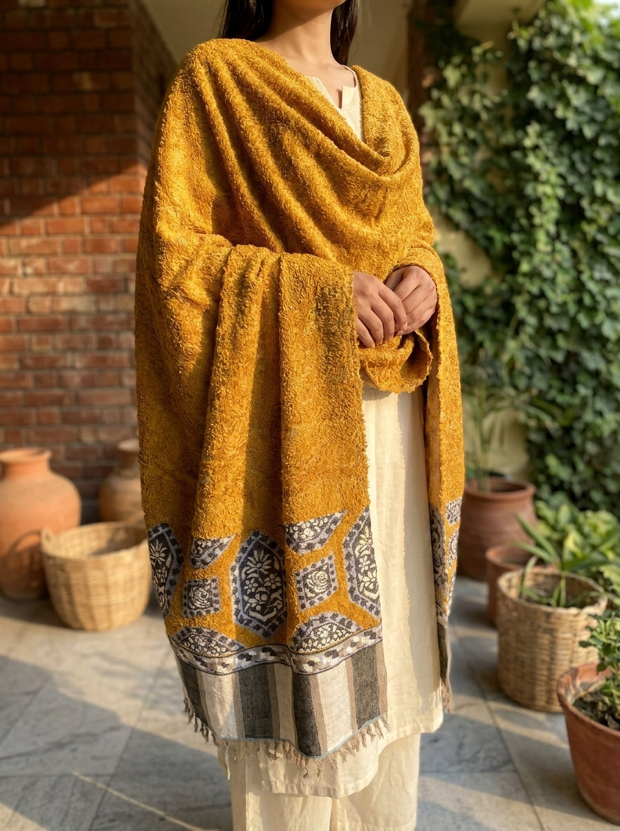 Mustard Medallion Border Kani Cashmere Pashmina Shawl — Handwoven in Kashmir — image 3