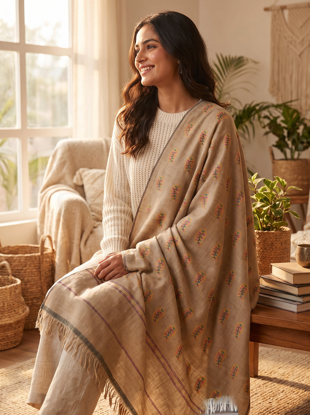 Oatmeal Multi-Color Floral Buti Kani Cashmere Pashmina Shawl — Handwoven in Kashmir — image 4