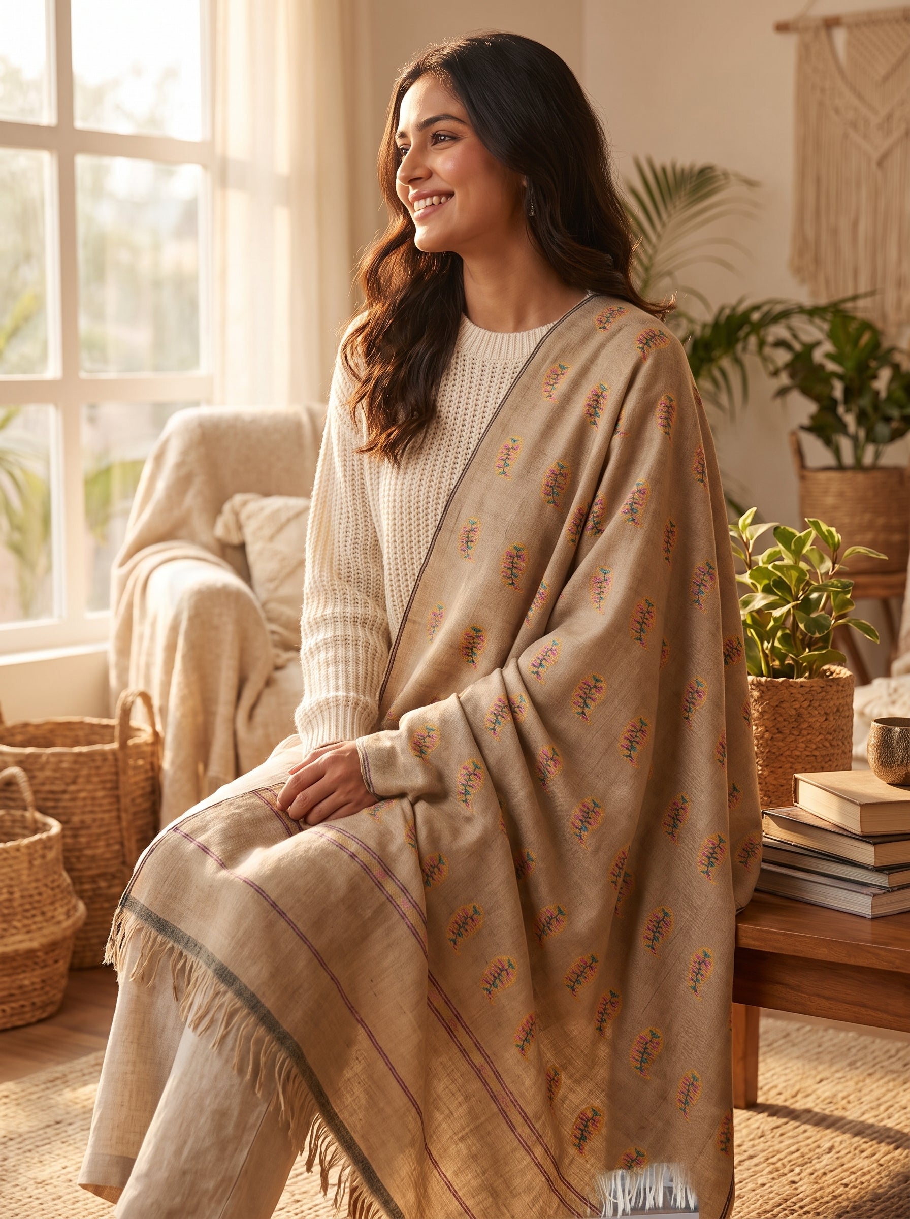 Oatmeal Multi-Color Floral Buti Kani Cashmere Pashmina Shawl — Handwoven in Kashmir — image 4