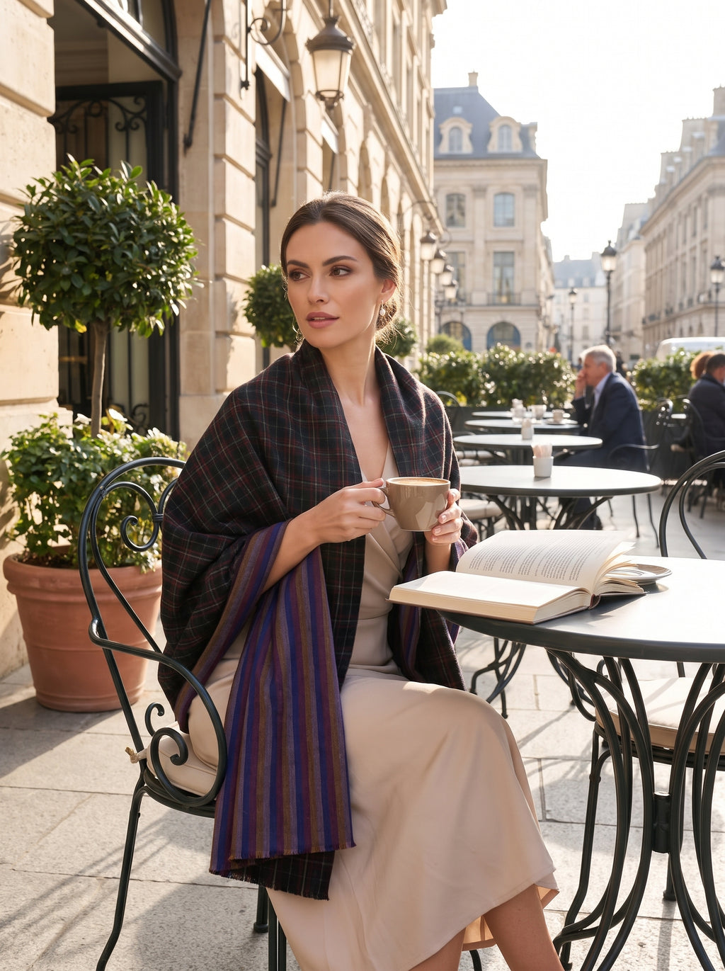 Navy Checker & Indigo Stripe Reversible Pashmina Shawl | Handwoven in Kashmir