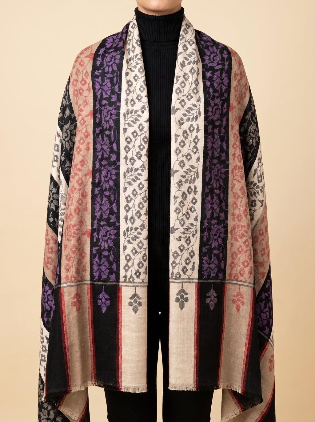 Ivory Black Purple Floral Kani Cashmere Pashmina Shawl — Handwoven in Kashmir