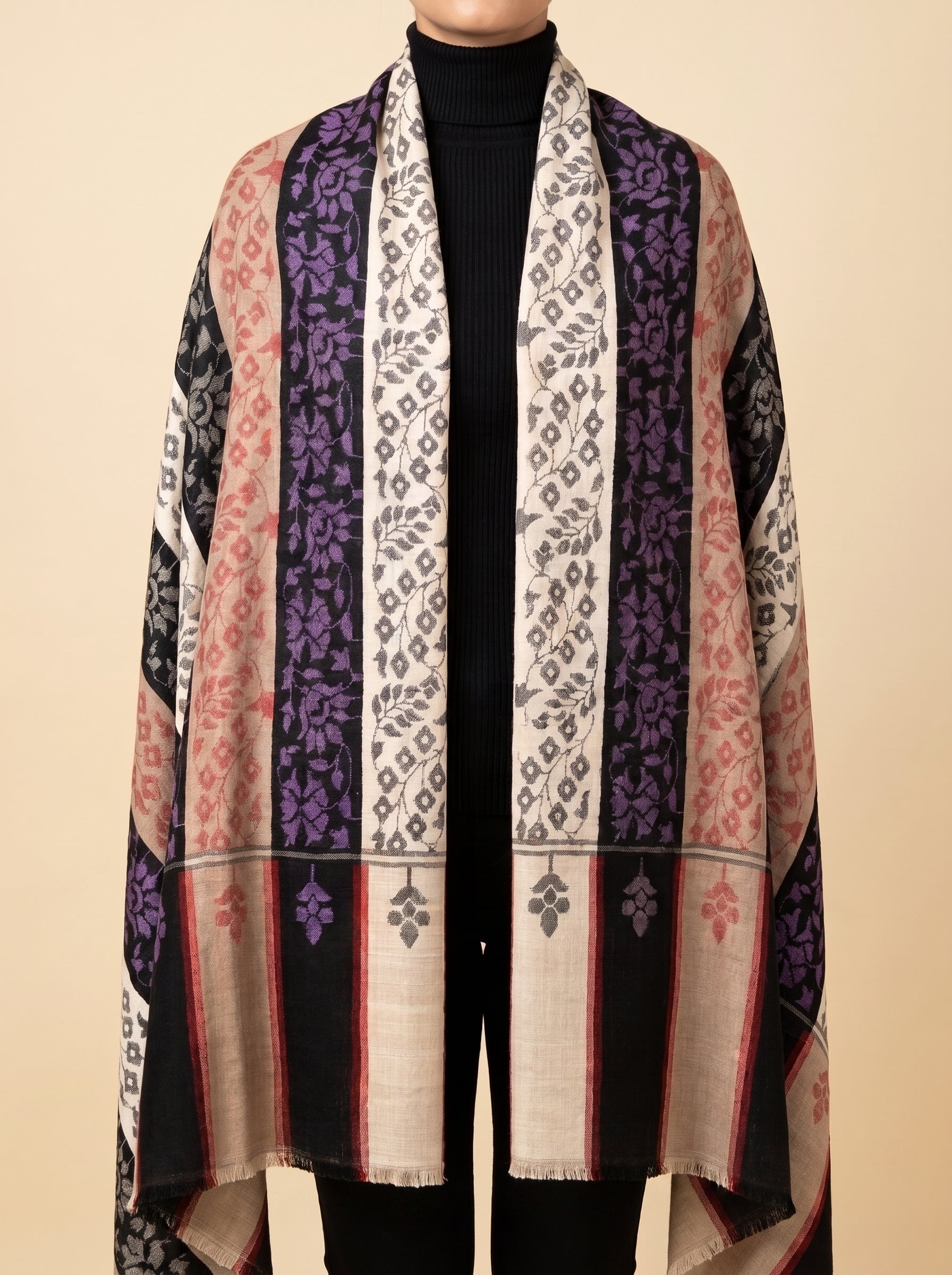 Ivory Black Purple Floral Kani Cashmere Pashmina Shawl — Handwoven in Kashmir