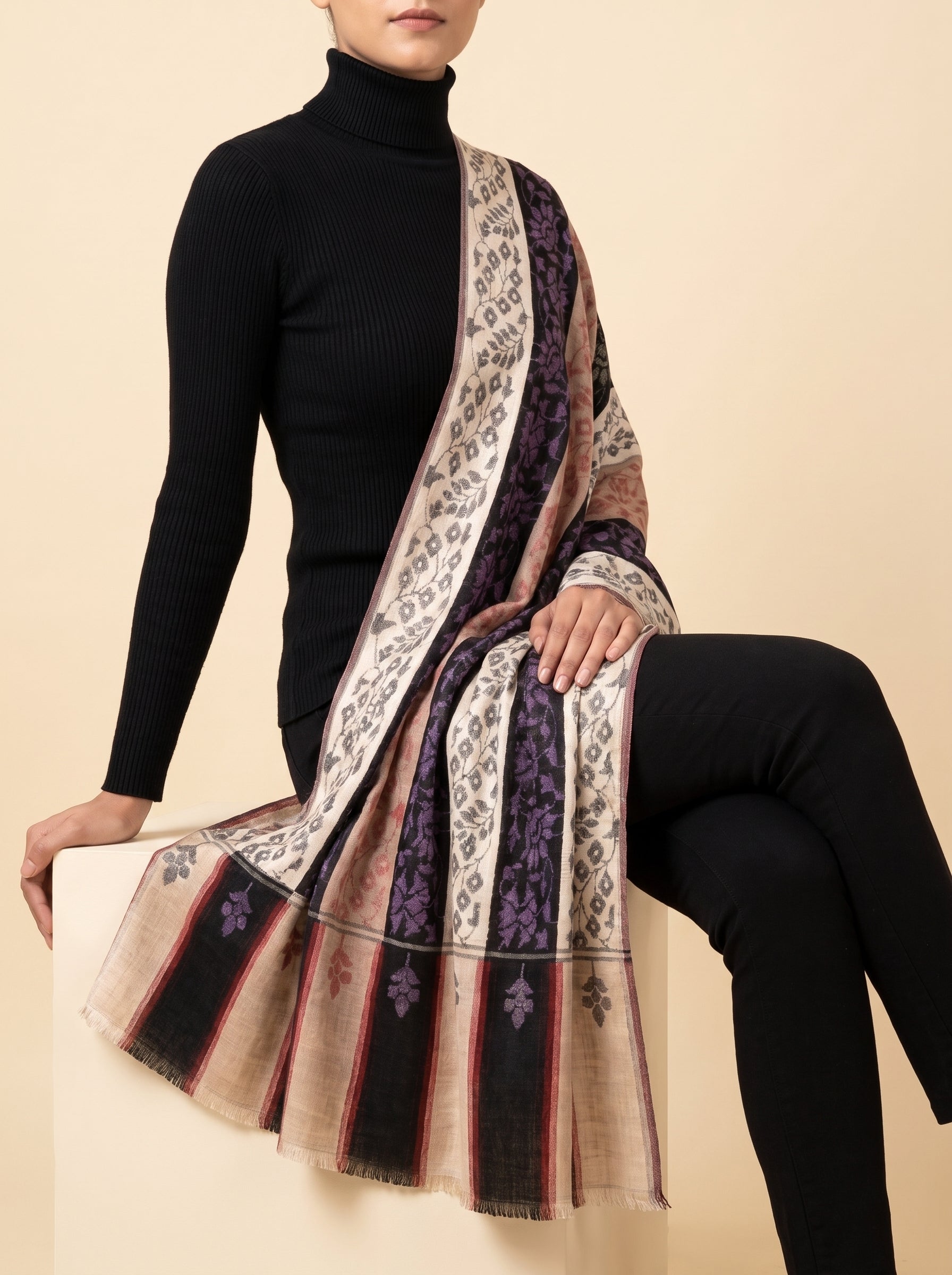 Ivory Black Purple Floral Kani Cashmere Pashmina Shawl — Handwoven in Kashmir