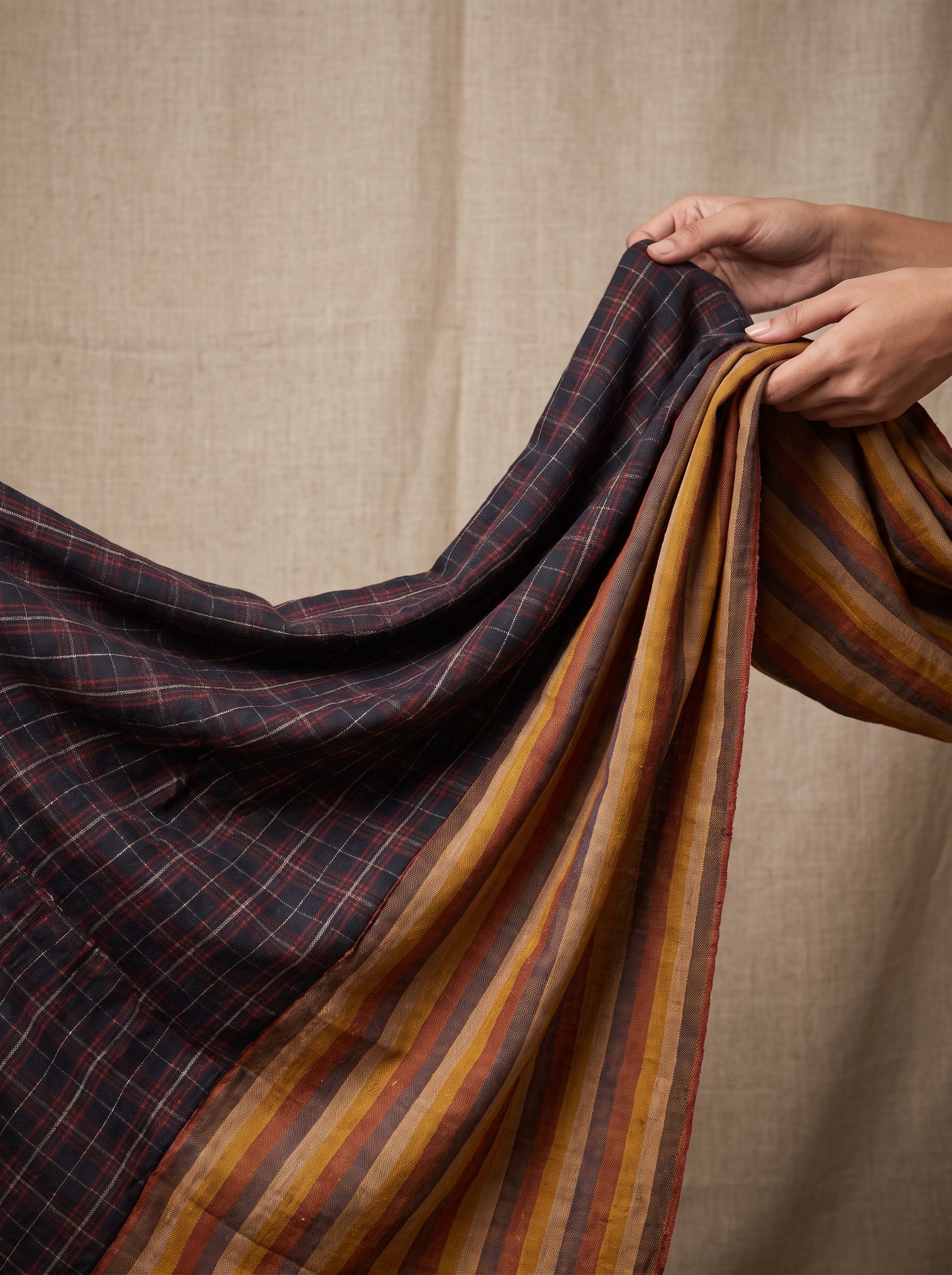 Charcoal Navy & Mustard Gold Reversible Pashmina Shawl | Handwoven in Kashmir