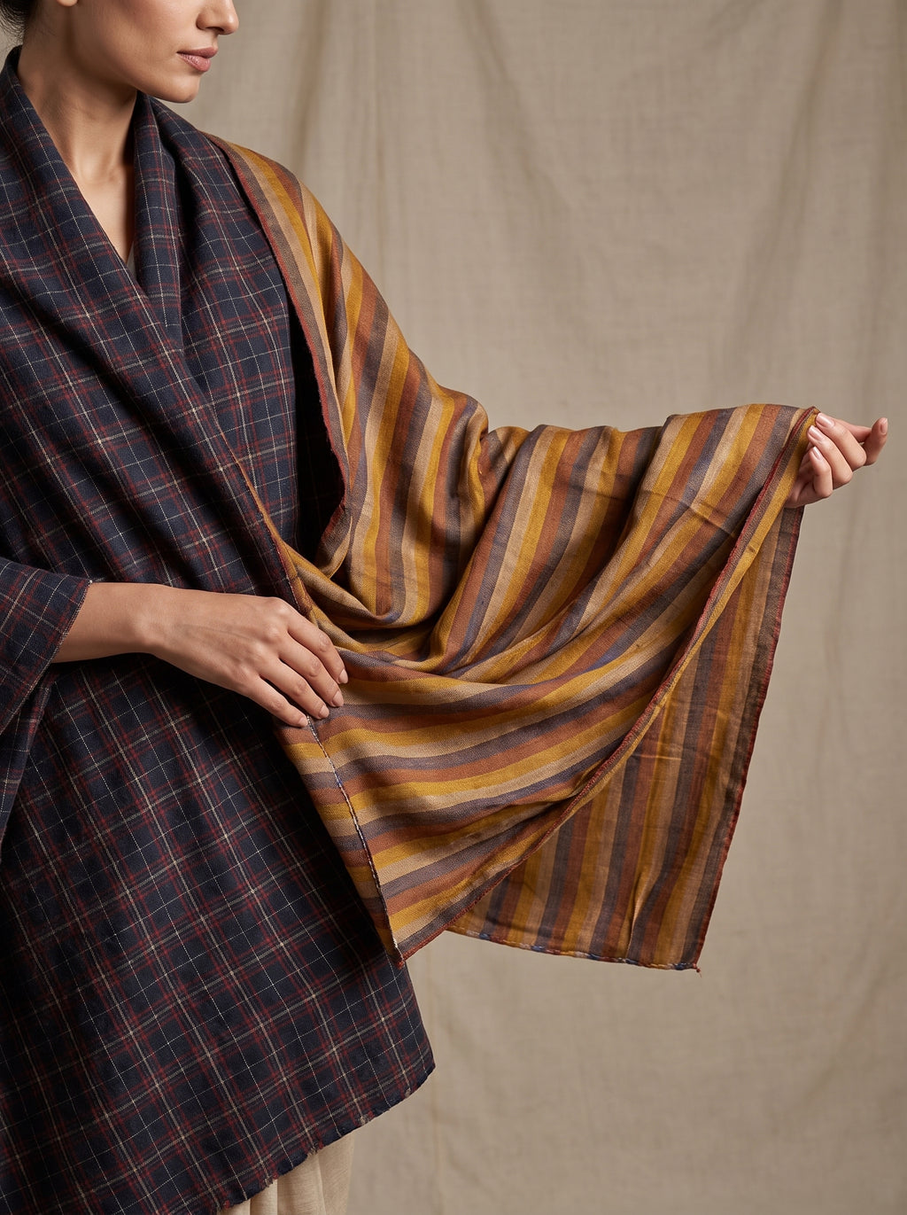 Charcoal Navy & Mustard Gold Reversible Pashmina Shawl | Handwoven in Kashmir