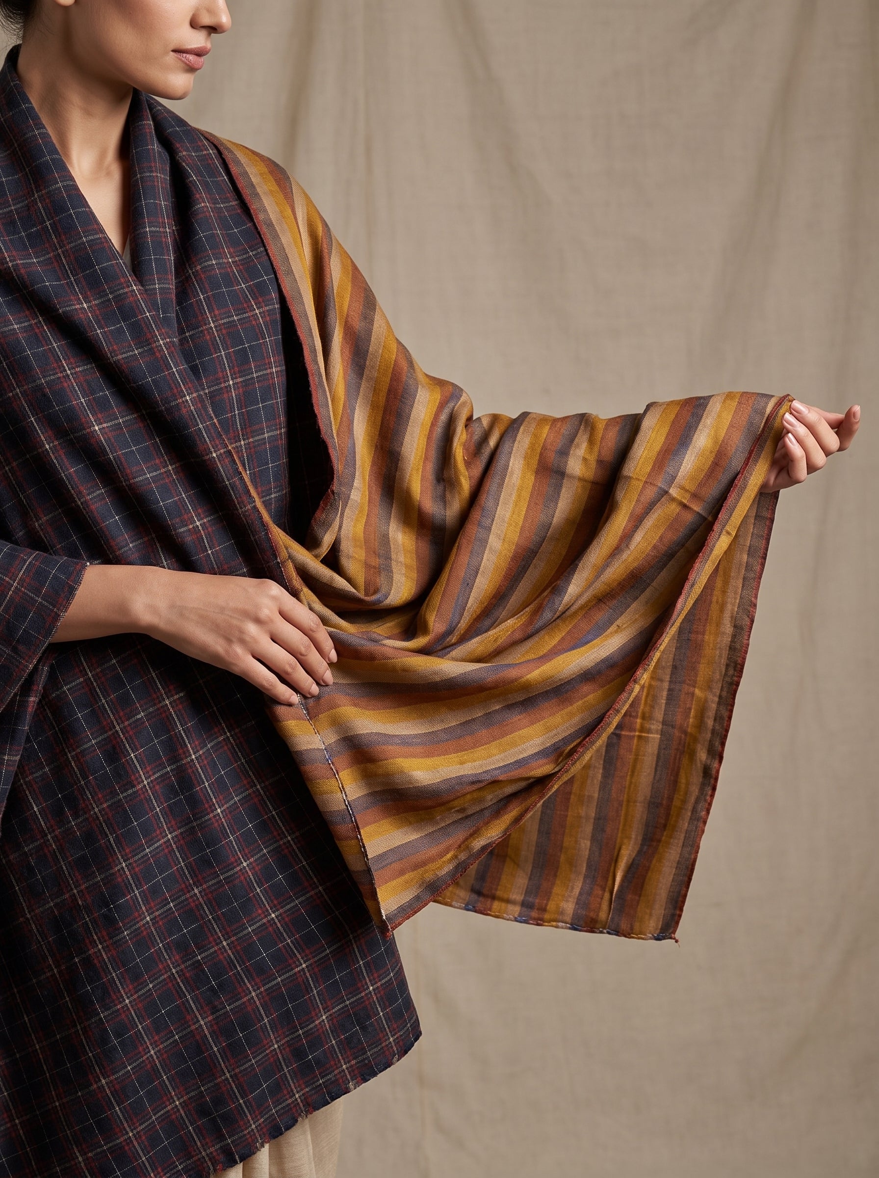 Charcoal Navy & Mustard Gold Reversible Pashmina Shawl | Handwoven in Kashmir