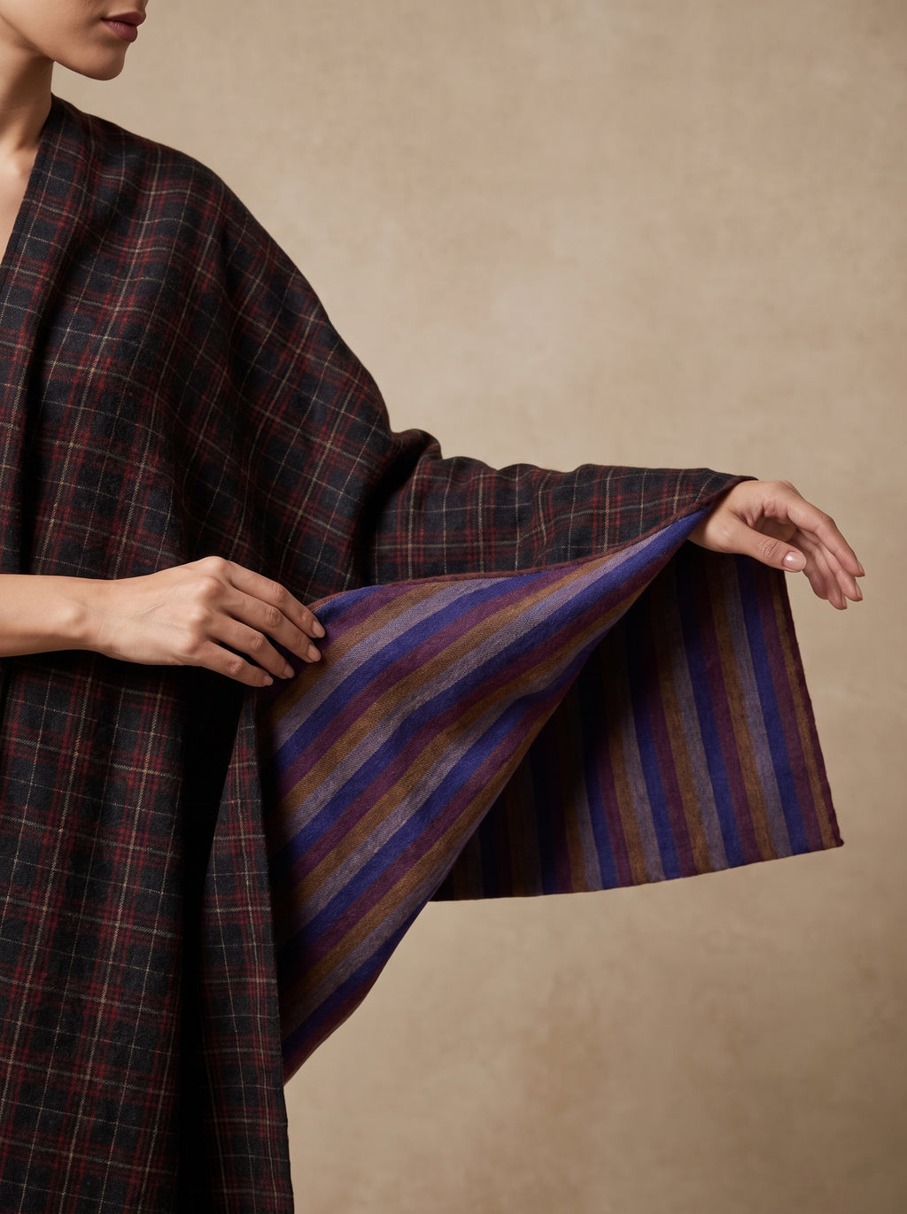 Navy Checker & Indigo Stripe Reversible Pashmina Shawl | Handwoven in Kashmir