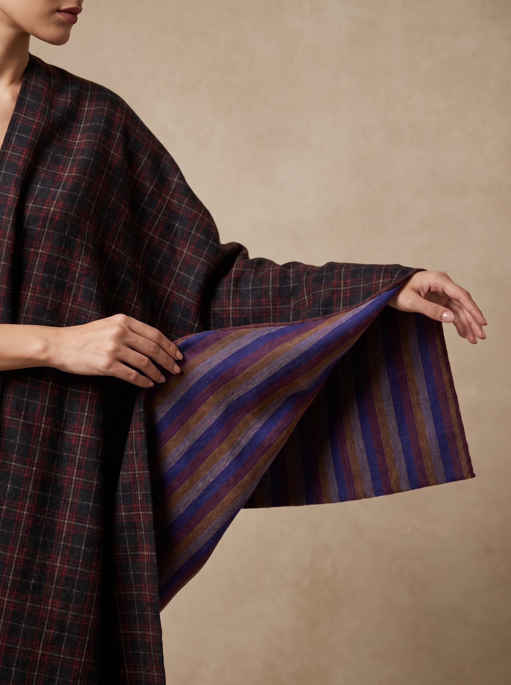 Navy Checker & Indigo Stripe Reversible Pashmina Shawl | Handwoven in Kashmir