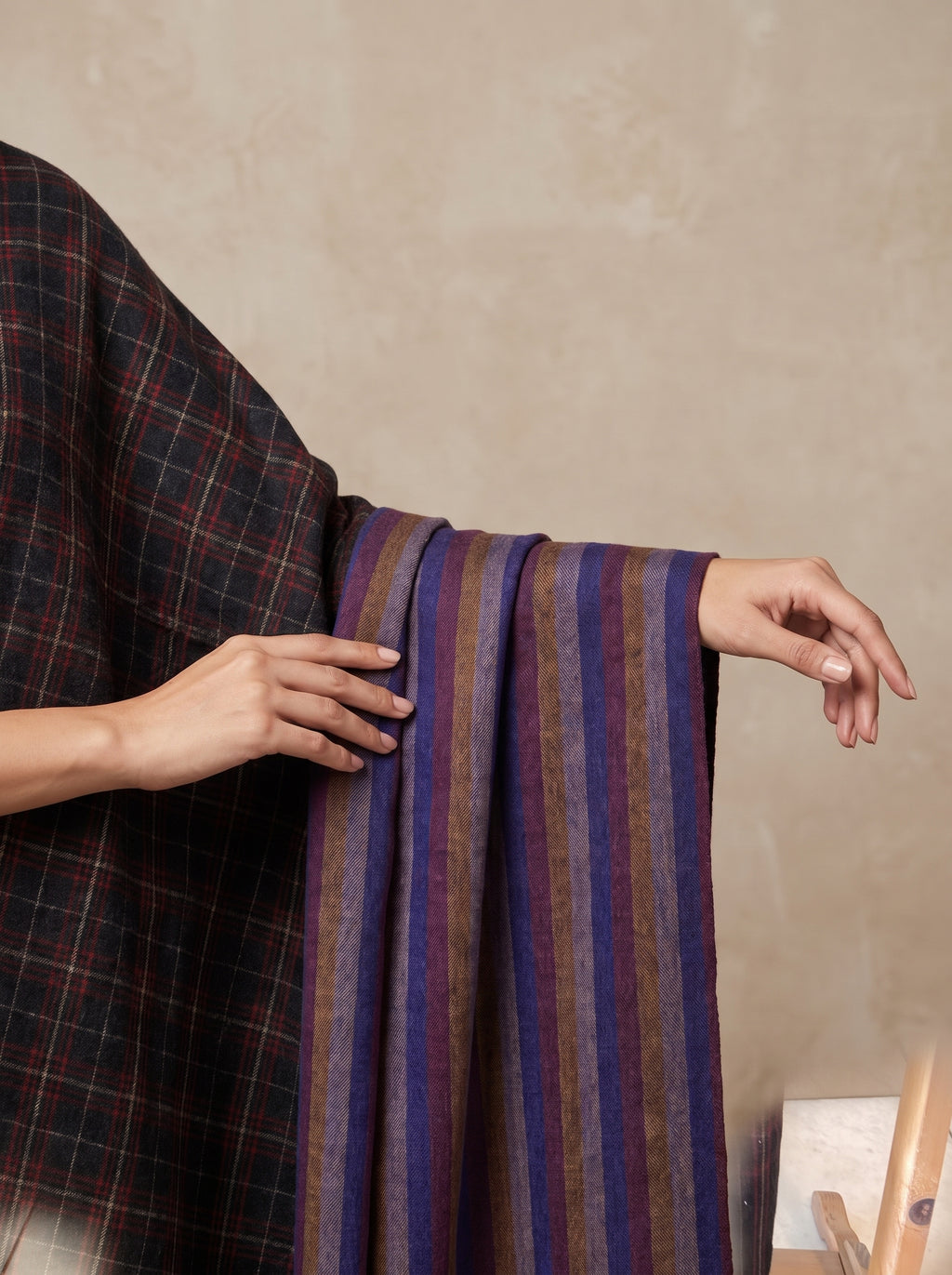 Navy Checker & Indigo Stripe Reversible Pashmina Shawl | Handwoven in Kashmir