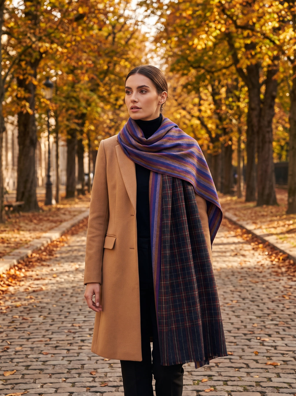 Navy Checker & Indigo Stripe Reversible Pashmina Shawl | Handwoven in Kashmir
