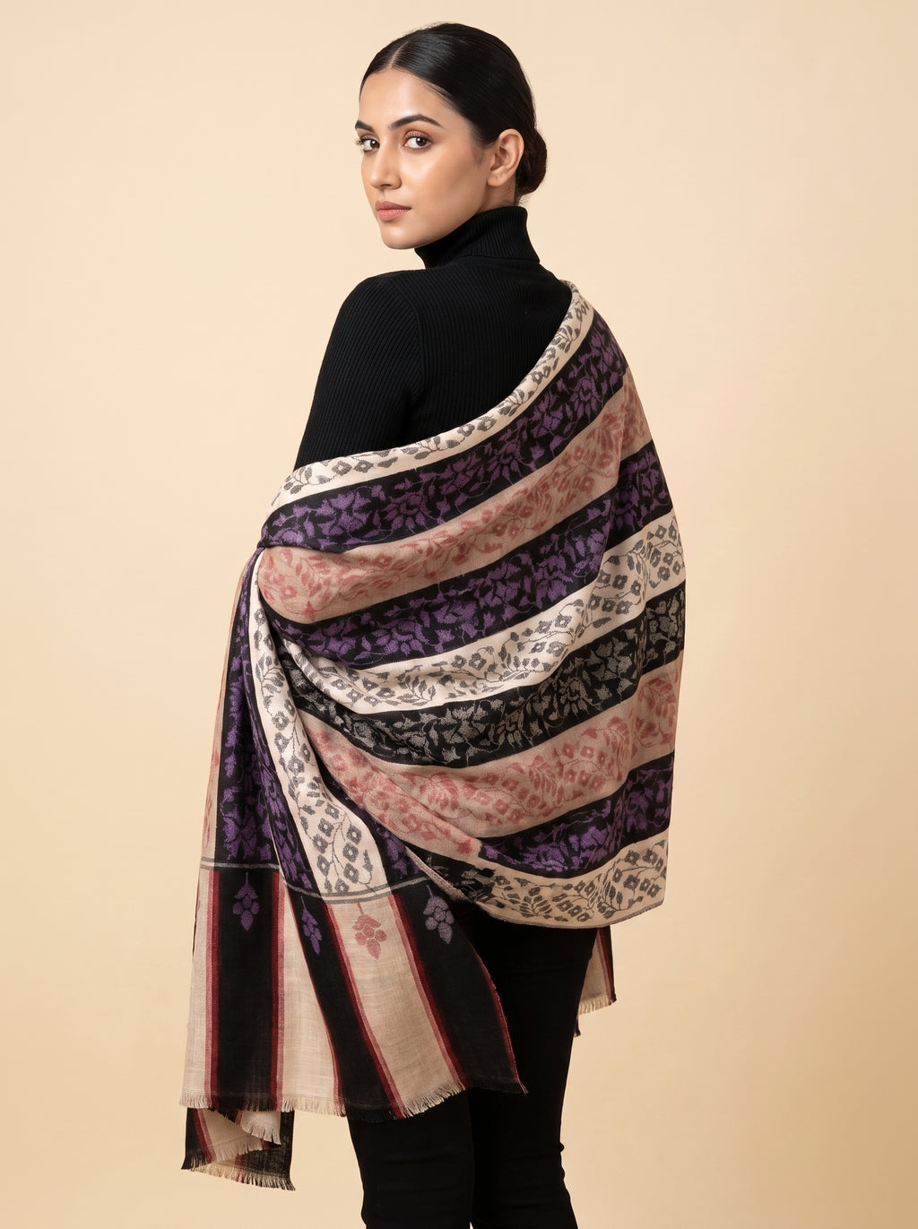 Ivory Black Purple Floral Kani Cashmere Pashmina Shawl — Handwoven in Kashmir