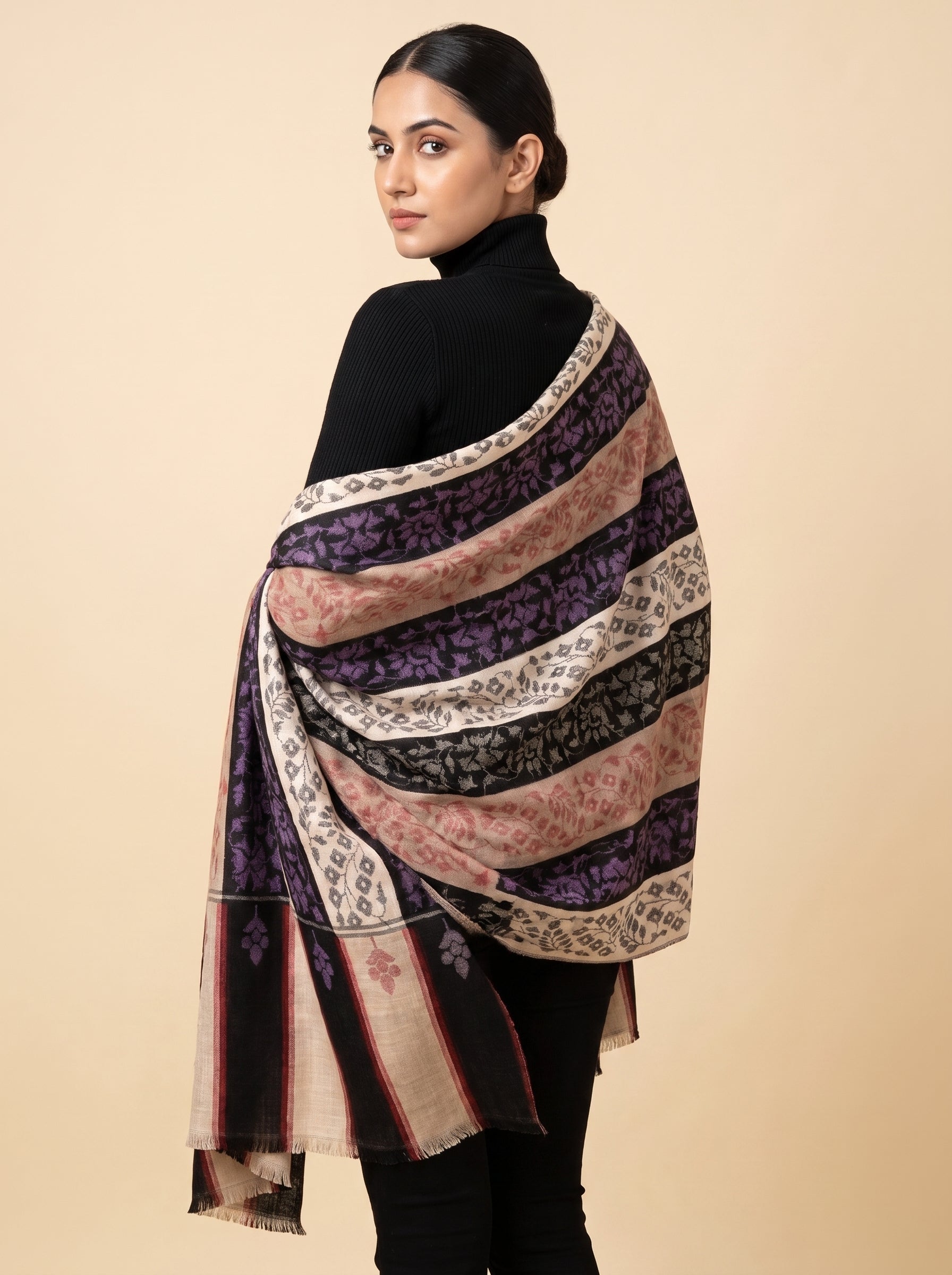 Ivory Black Purple Floral Kani Cashmere Pashmina Shawl — Handwoven in Kashmir