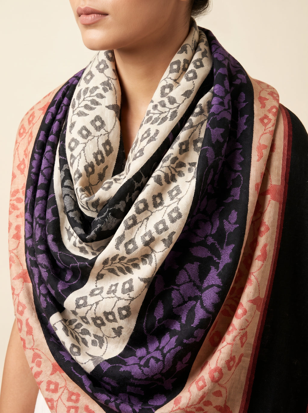 Ivory Black Purple Floral Kani Cashmere Pashmina Shawl — Handwoven in Kashmir