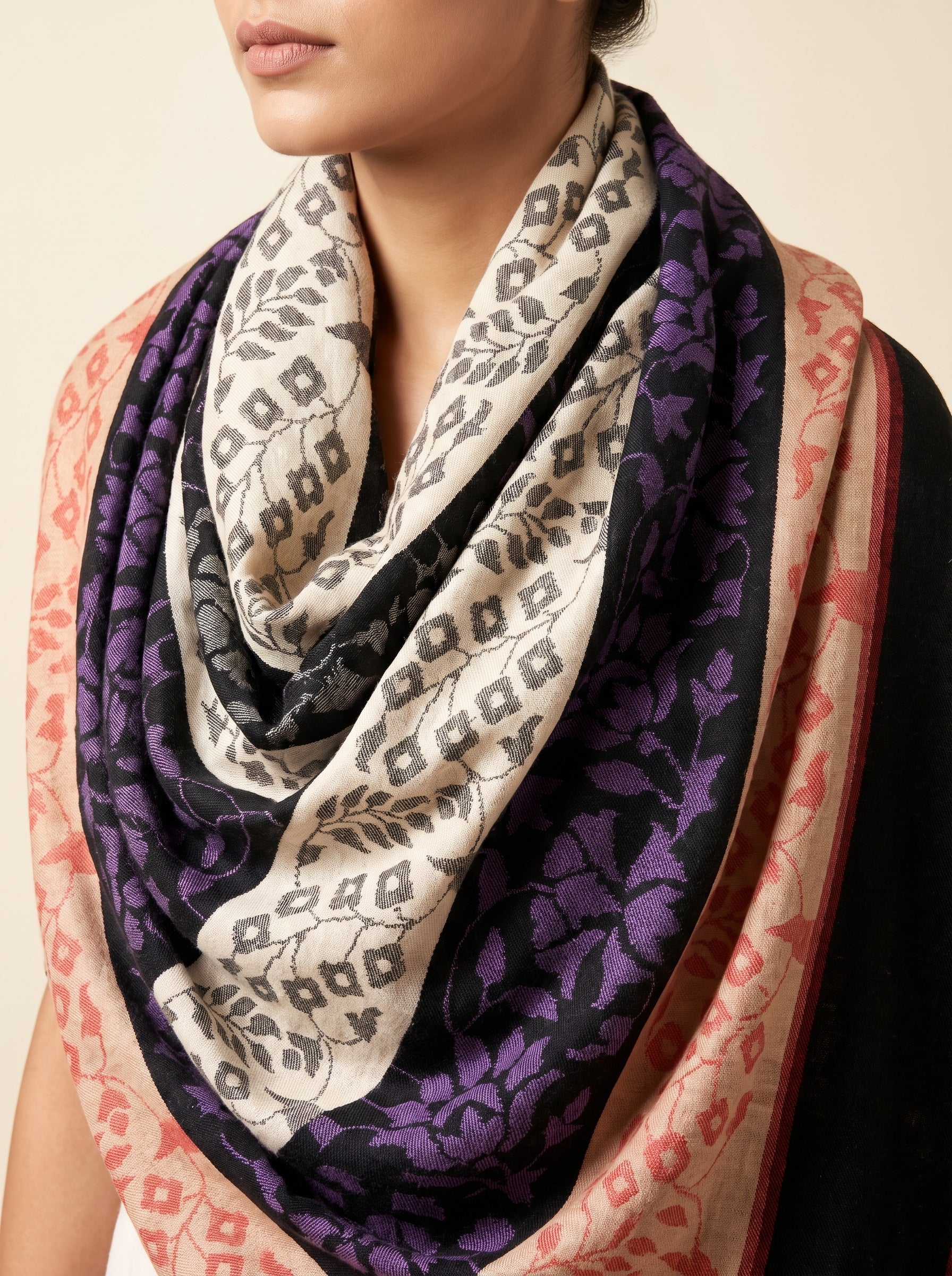 Ivory Black Purple Floral Kani Cashmere Pashmina Shawl — Handwoven in Kashmir