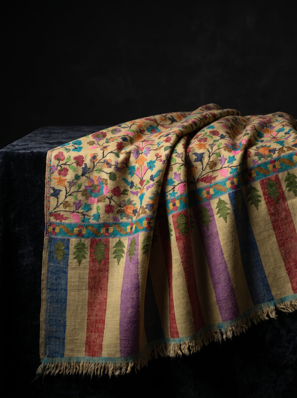 Saffron Floral Jaal Cypress Border Kani Cashmere Pashmina Shawl — Handwoven in Kashmir — image 2