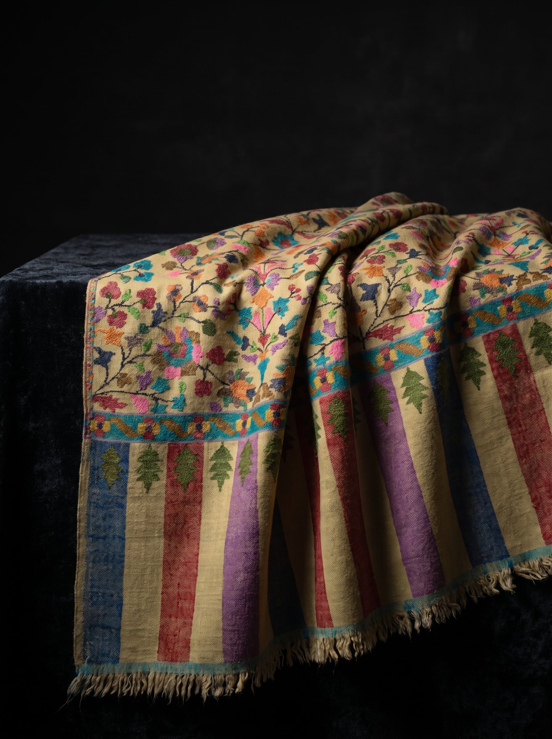 Saffron Floral Jaal Cypress Border Kani Cashmere Pashmina Shawl — Handwoven in Kashmir — image 2