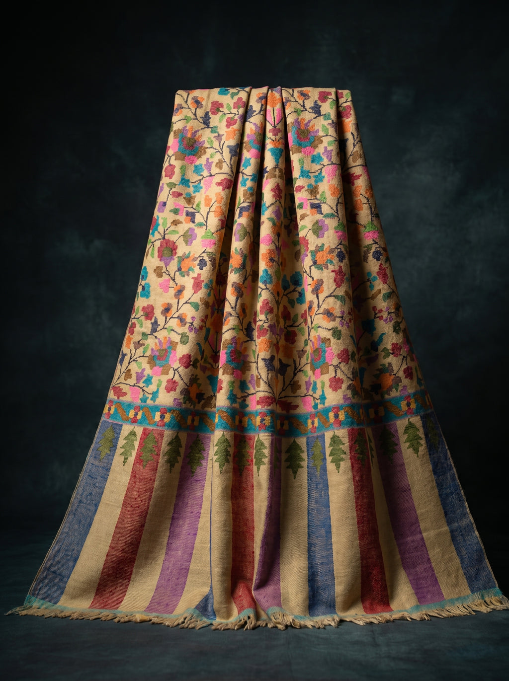 Saffron Floral Jaal Cypress Border Kani Cashmere Pashmina Shawl — Handwoven in Kashmir — image 1