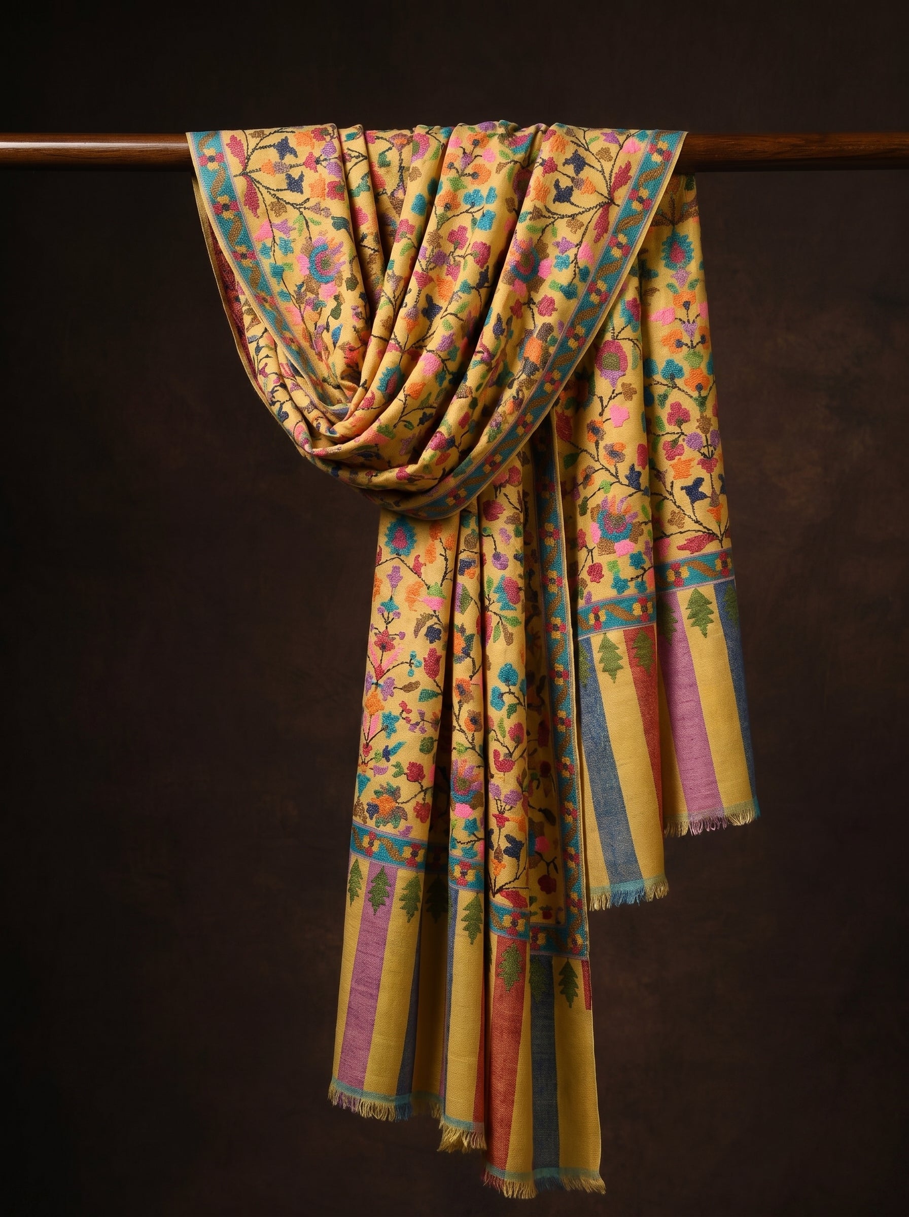 Saffron Floral Jaal Cypress Border Kani Cashmere Pashmina Shawl — Handwoven in Kashmir — image 3
