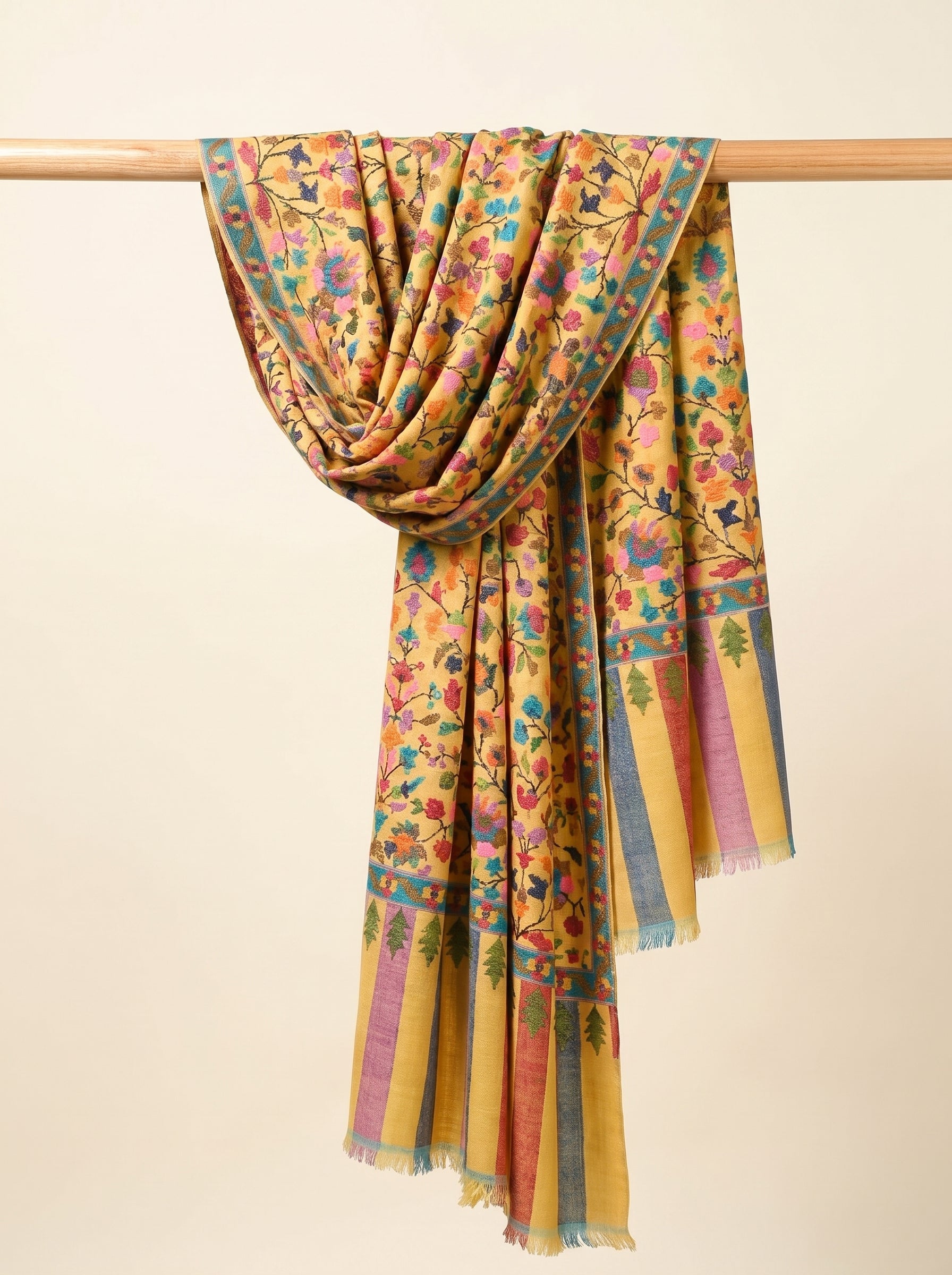 Saffron Floral Jaal Cypress Border Kani Cashmere Pashmina Shawl — Handwoven in Kashmir — image 4