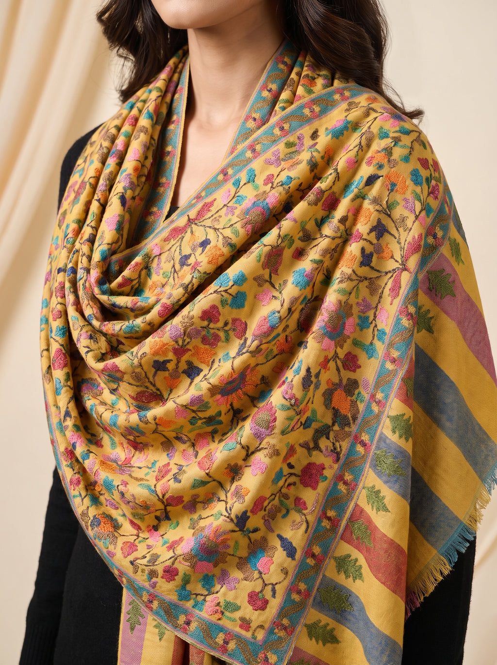 Saffron Floral Jaal Cypress Border Kani Cashmere Pashmina Shawl — Handwoven in Kashmir — image 5