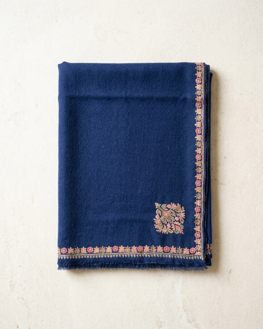 Navy Pink Gold Corner Paisley Sozni — Handwoven in Kashmir — image 1
