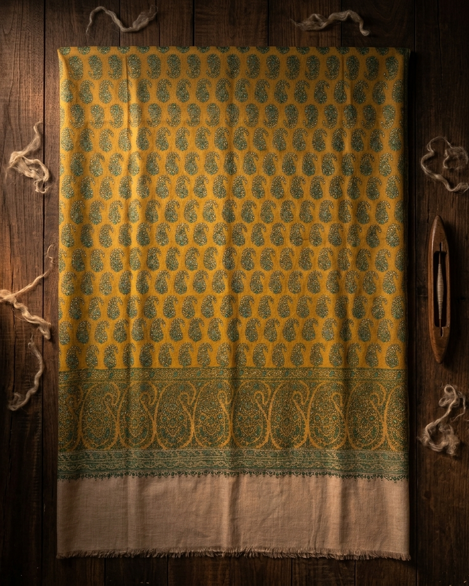 Mustard Teal Paisley Maheen Kari — Handwoven in Kashmir — image 1