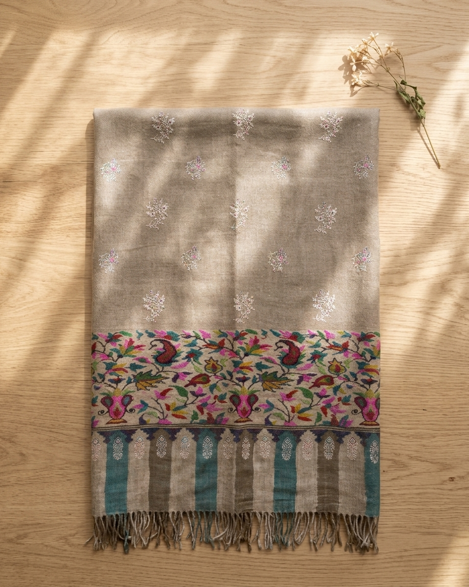 Taupe Floral Border Sozni Kani Fusion — Handwoven in Kashmir — image 1
