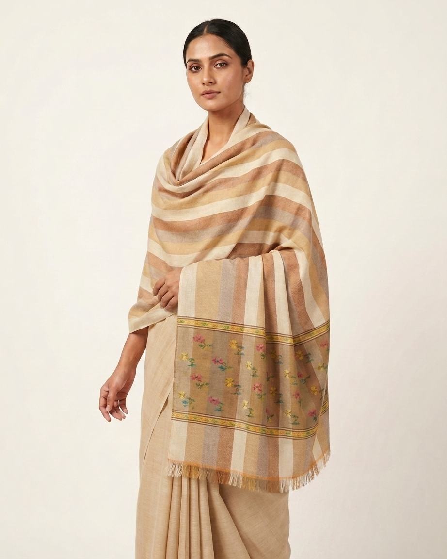Earth Stripe Magenta Floral Buti Kani Cashmere Pashmina Shawl — Handwoven in Kashmir — image 4