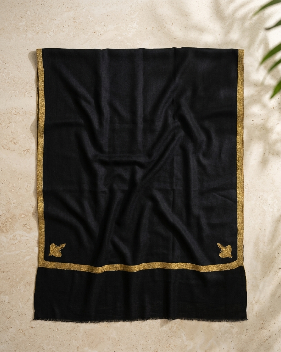 Black Gold Corner Motif Sozni — Handwoven in Kashmir — image 1