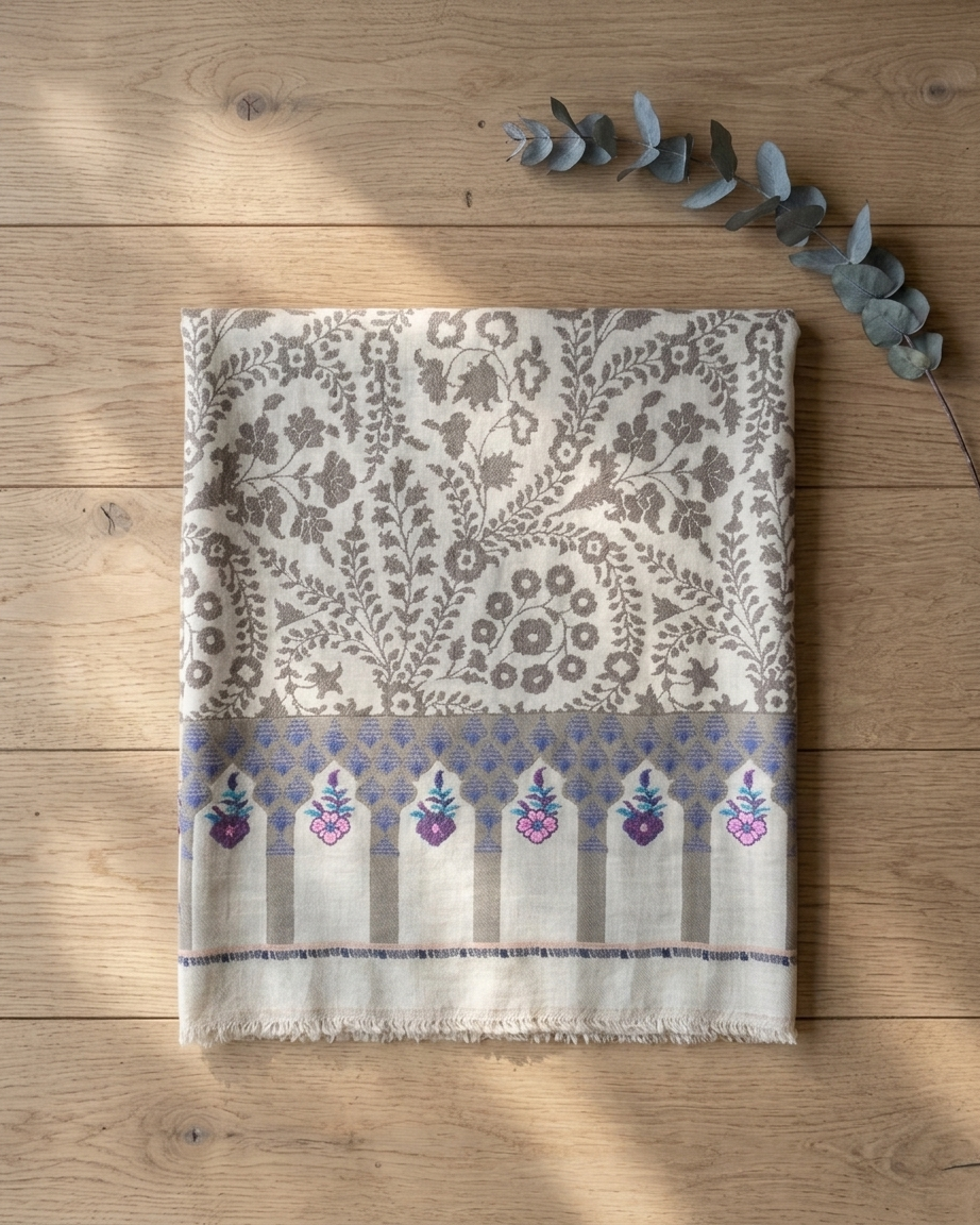 A folded cream-colored woven textile with a gray floral pattern and a decorative border in lavender, purple, and blue, displayed on a light wood background with a sprig of eucalyptus.