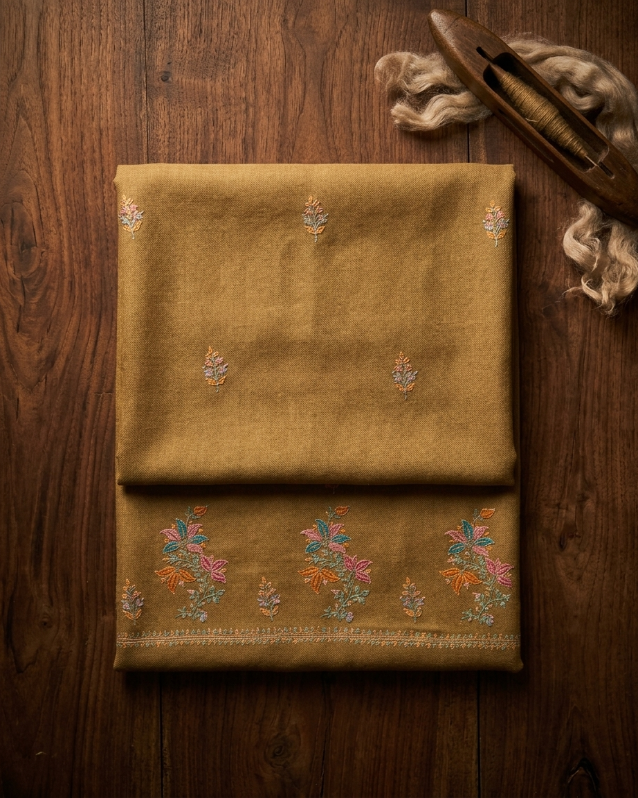 Mustard Multicolor Floral Border Sozni — Handwoven in Kashmir — image 1