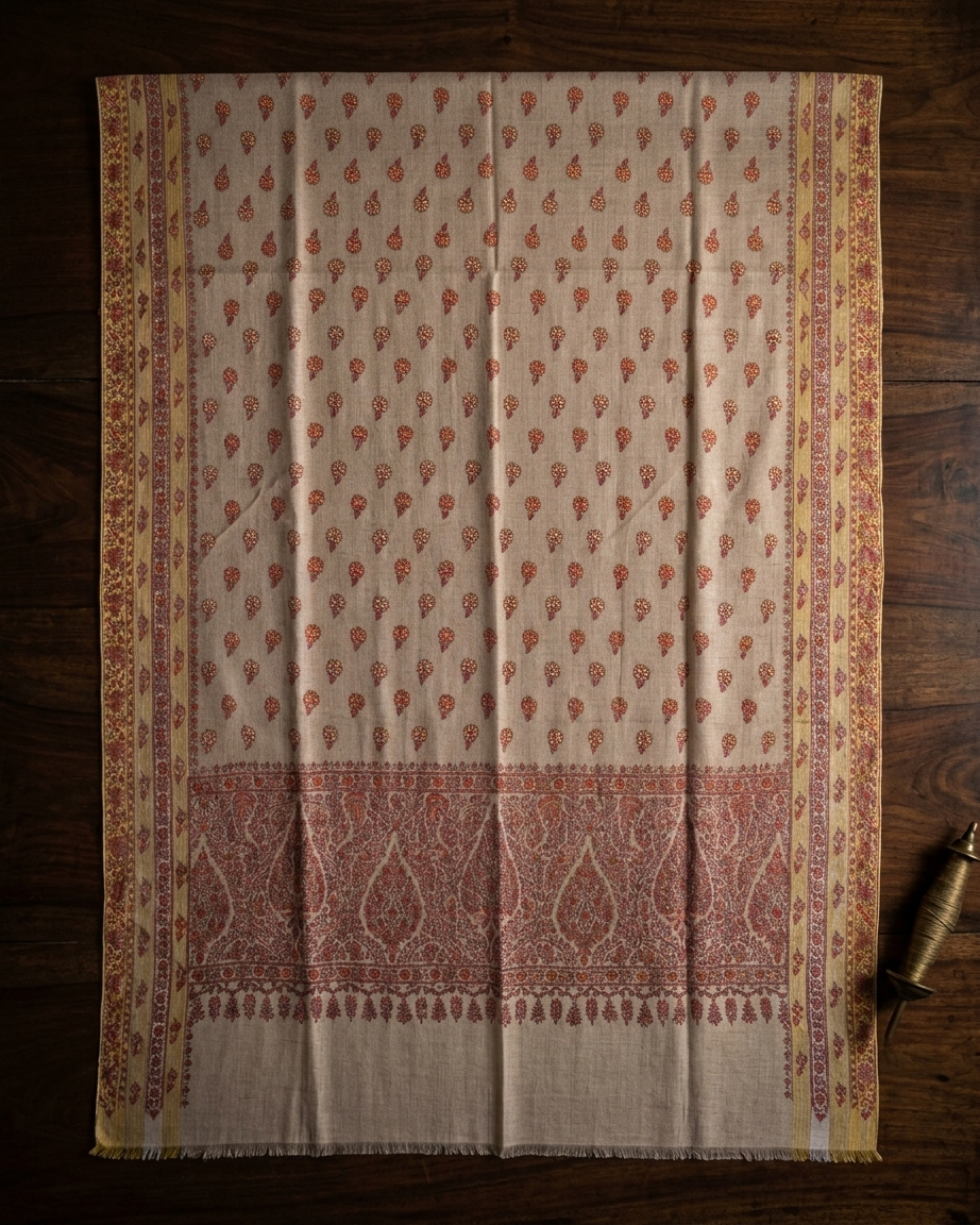 Cream Red Paisley Buti Maheen Kari — Handwoven in Kashmir — image 1
