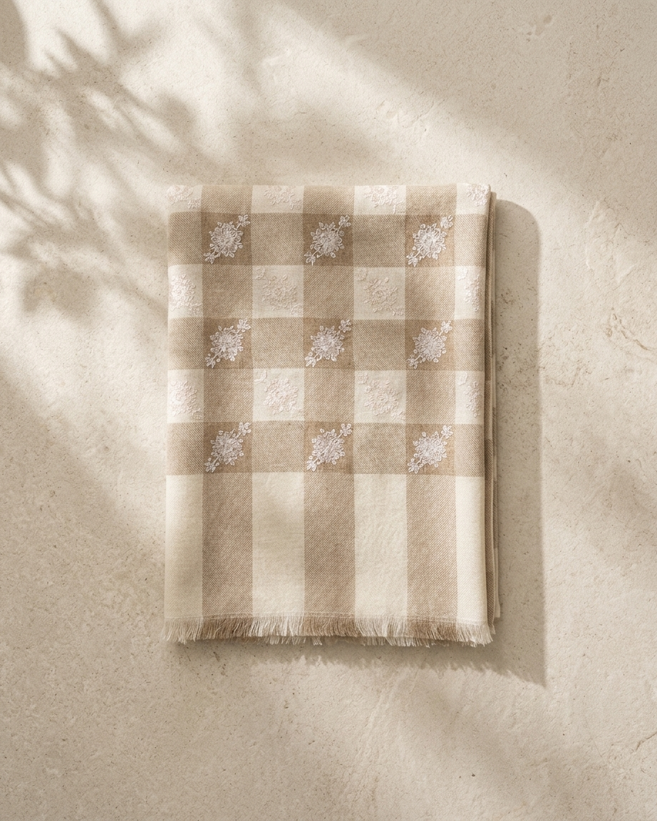 Beige Check Floral Embroidered Sozni — Handwoven in Kashmir — image 1