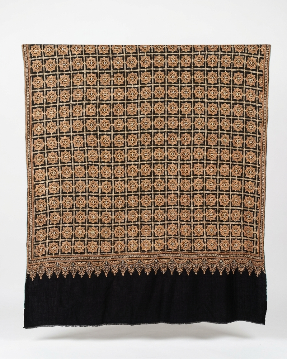 Black Tan Gold Geometric Grid Sozni — Handwoven in Kashmir — image 1